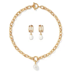 Cypriot Twist Pearl Chain Pendant Necklace and Triple-Hoop Earrings Set