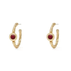 Garnet Cabochon Twisted Hoop Earrings