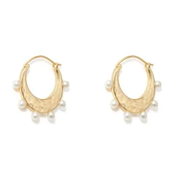 Hammered Crescent Pearl Hoop Earrings