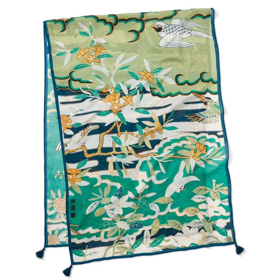 Ming Birds and Flowering Branches Oversize Oblong Scarf