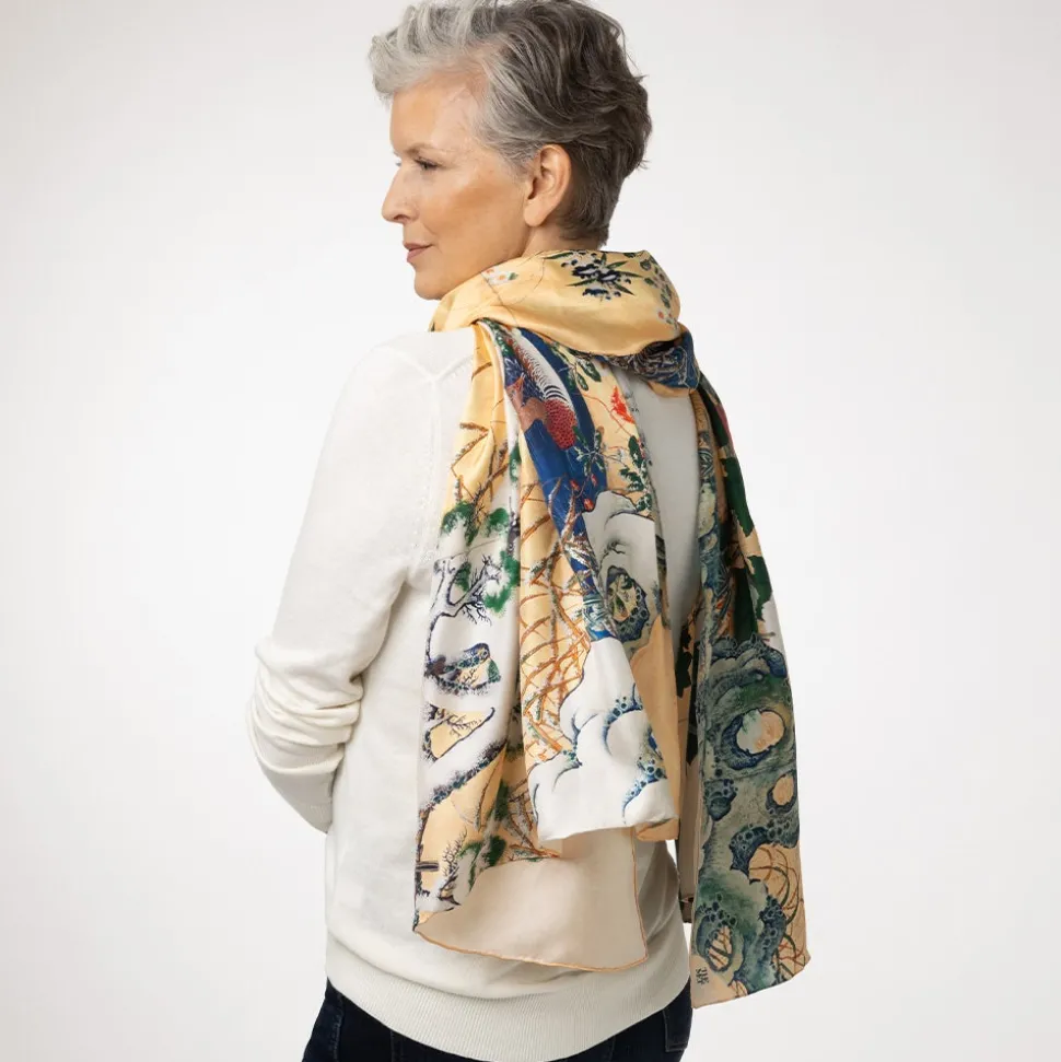 Momoyama Cranes and Flowers Oversize Silk Shawl