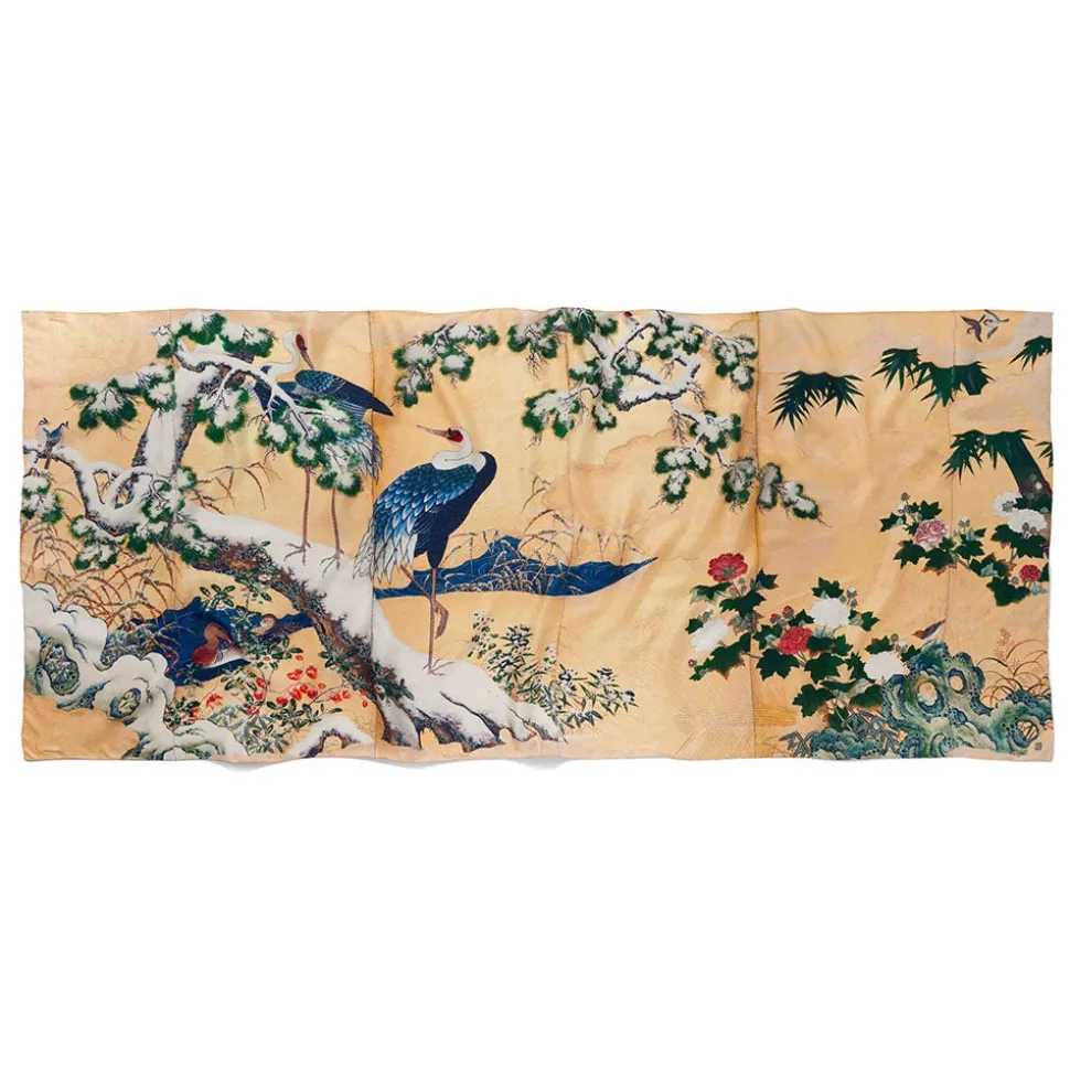 Momoyama Cranes and Flowers Oversize Silk Shawl