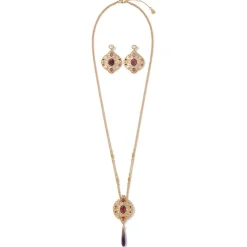 Turkish Amethyst Long Pendant Necklace and Statement Earrings Set
