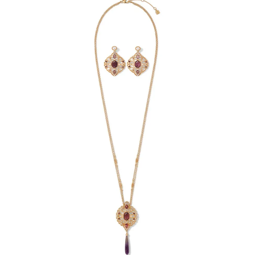 Turkish Amethyst Long Pendant Necklace and Statement Earrings Set