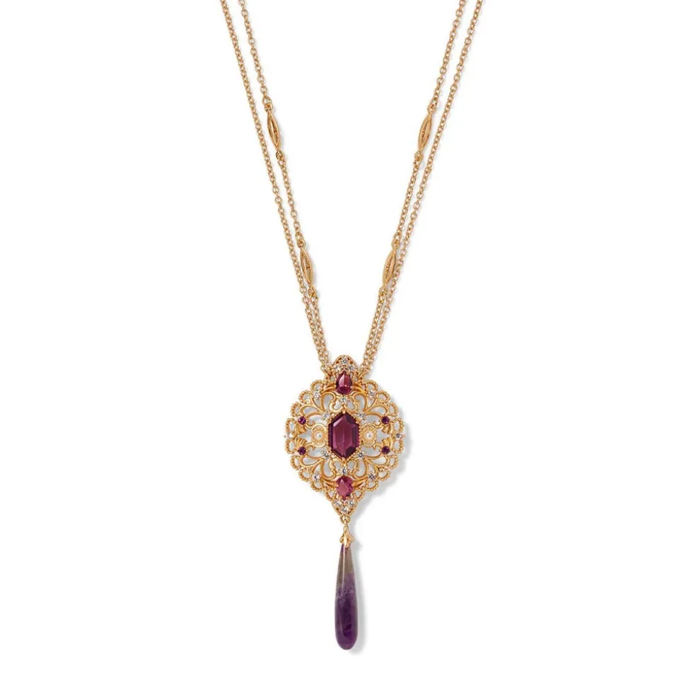 Turkish Amethyst Long Pendant Necklace and Statement Earrings Set